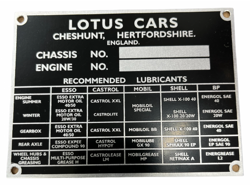 Chassis Plate - Lotus Cars (Castrol Lubricant)